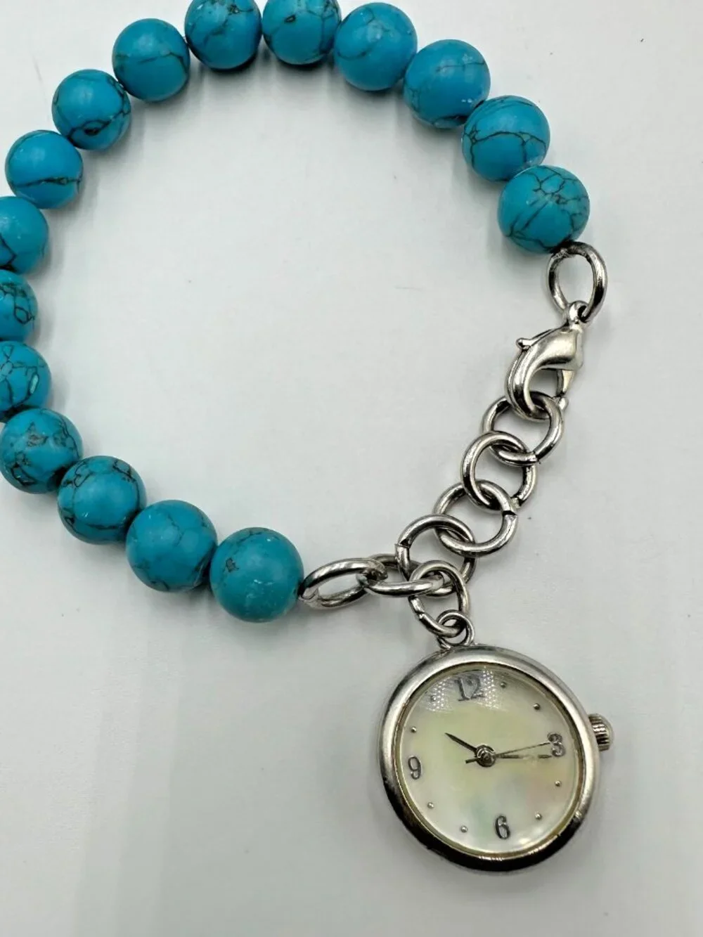 Faux Turquoise Band Beaded Watch Women Mother of Pearl Dial Works  7.75 Inch